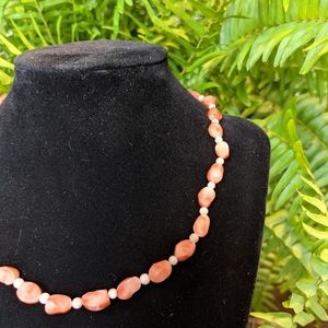 Coral Dyed Fossil Stone Necklace